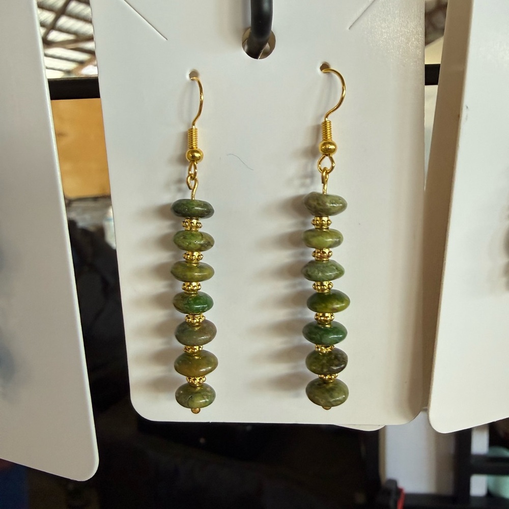 Handmade Genuine Green Turquoise Earrings with Gold Accents